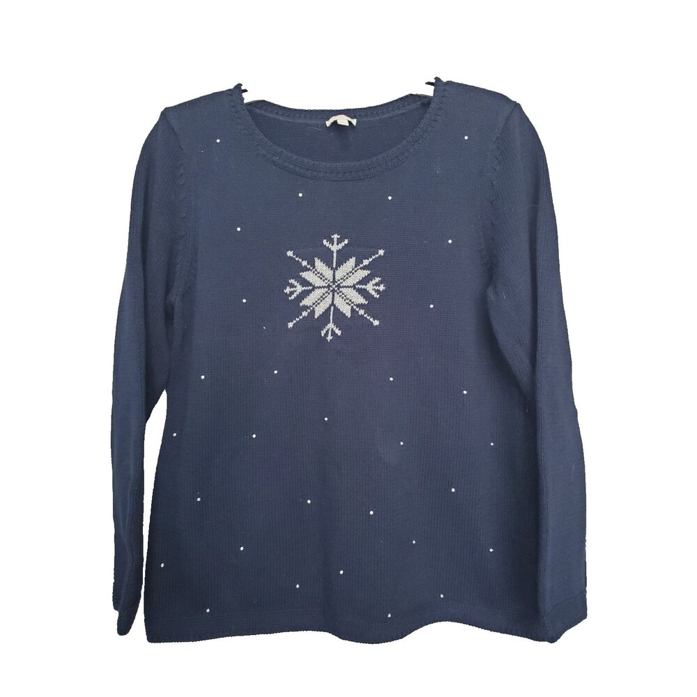 Talbots Petites Blue Snowflake Studded Pullover Sweater Size LP